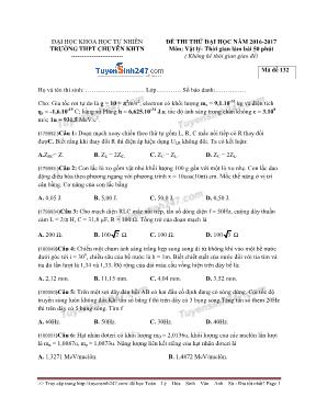 Đề thi thử Đại học môn Vật lý - Mã đề 132 - Năm học 2016-2017 - Trường THPT chuyên Khoa học Tự nhiên